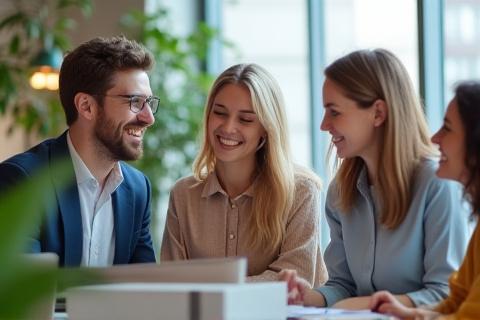 Grupo diverso de empleados sonriendo y colaborando en un espacio de oficina moderno.